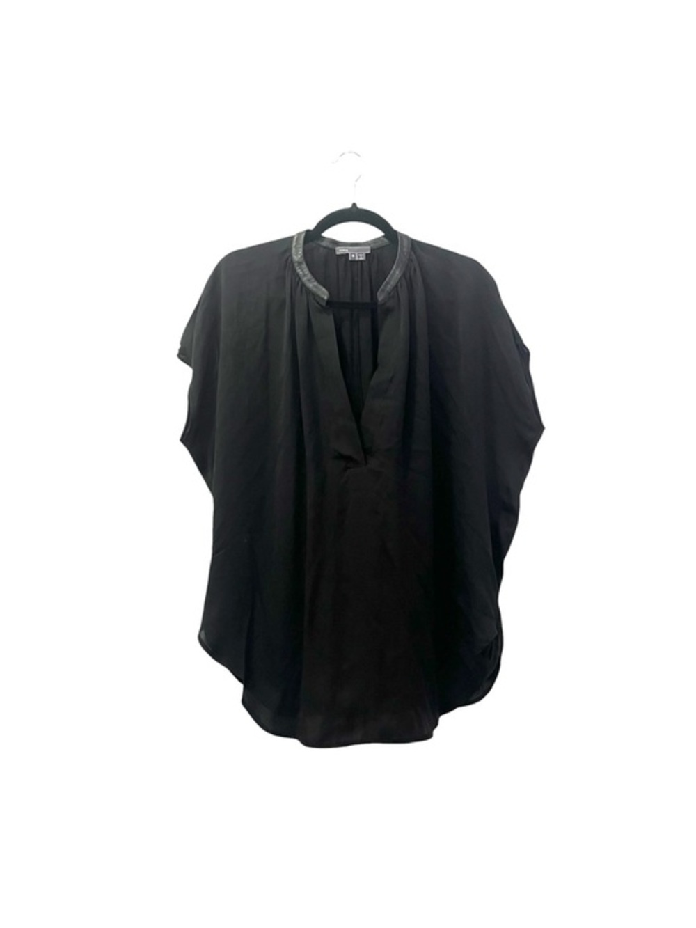 VINCE Luxury Black Silk Leather Trim Split-Neck Short Sleeve Blouse M